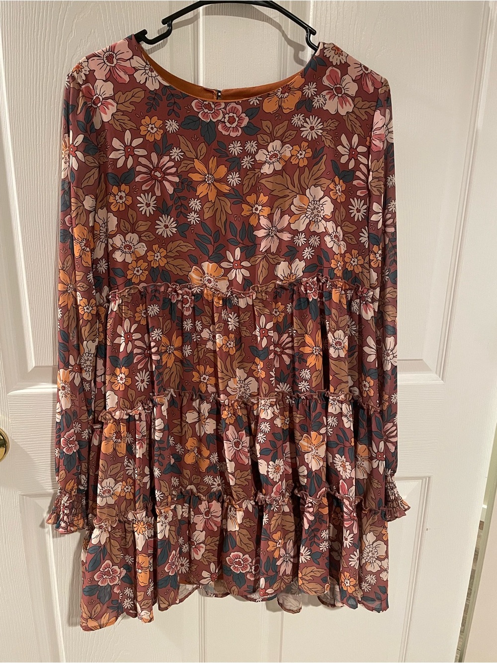 Peach Love California Rust Floral Dress with Mustard and Teal Accents